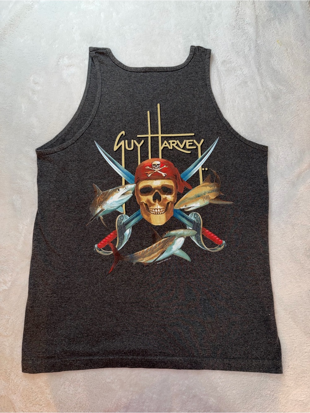 Guy Harvey Dark Charcoal Tank with Skull, Red Bandana & Blue Fish Graphic